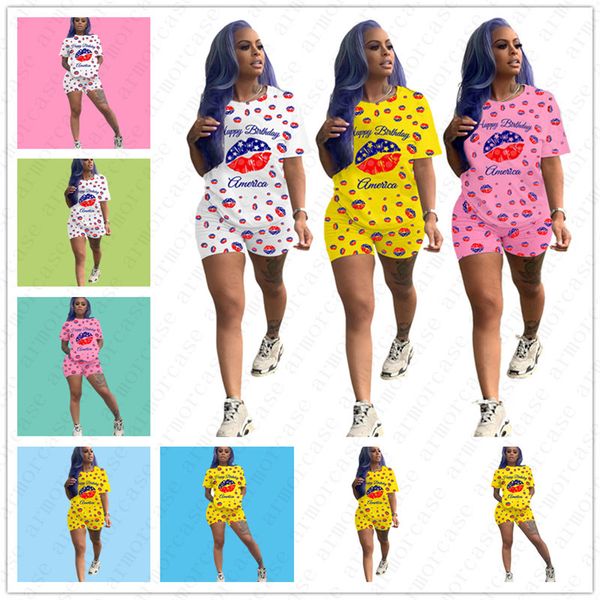 

women two piece set designer letters american independence day star lip full printing short sleeve t shirt shorts brand tracksuit d52512, Gray