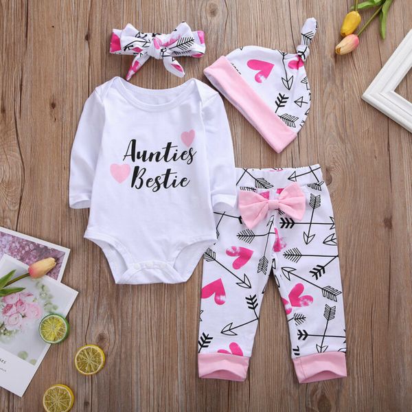 

2019 aunties e newborn infant baby girl outfits 4pcs clothes set bodysuit, White