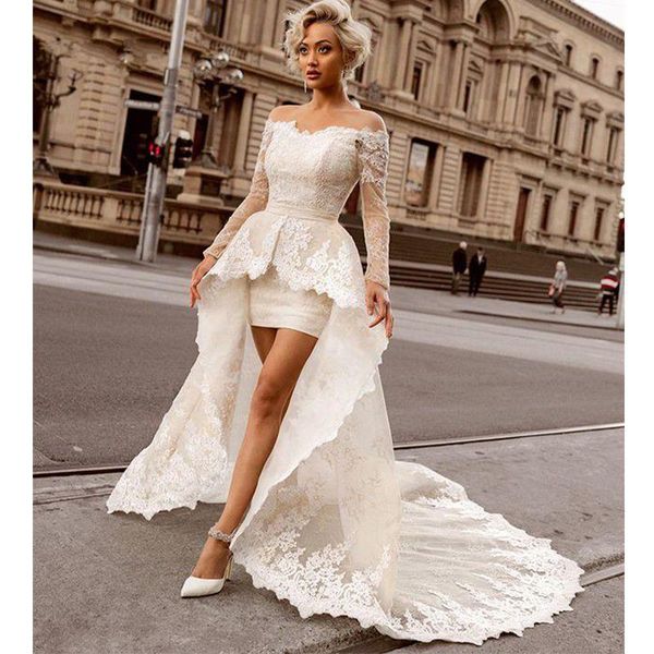 Above Knee Mini Sheath Lace Wedding Dresses With Detachable Train