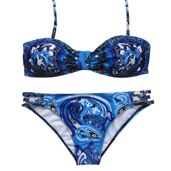 

2 piece blue flower print bikini vintage knotted swimsuit bikini beachwear, White;black