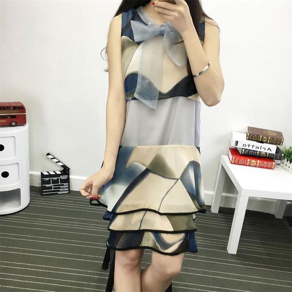 

women print short dress sleeveless stitching a-line loose elegant sweet korean fashion flare dress ladies bow knot dresses, Black;gray