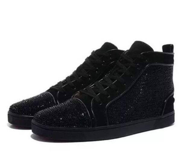 

special offer suede & black rhinestone strass red bottom shoes men women's flat red sole shoes high-sneaker lace-up casual shoes 47 t07