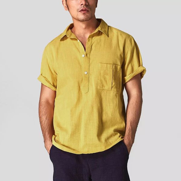 

cotton linen shirt men summer casual mens short sleeve shirts social swag male camisas slim fit fashion clothing yellow black, White;black