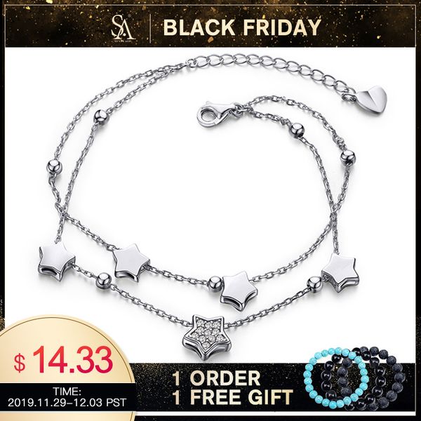

sa silverage 925 sterling silver star bracelets & bangles for women jewelry rhinestone two layer chain link bracelet female cj191128, Golden