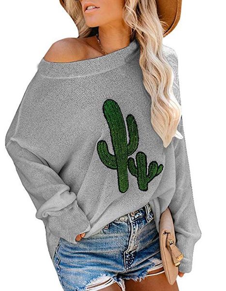 

2019 women autumn winter off-shoulder cactus embroidery pullovers long sleeve knitwear casual sweater, White;black