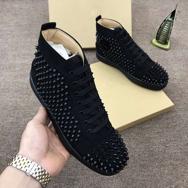 

new designer sneakers red black shoes high suede leather spikes men women shoes party wedding rivets sneakers flat bottom size 35-46