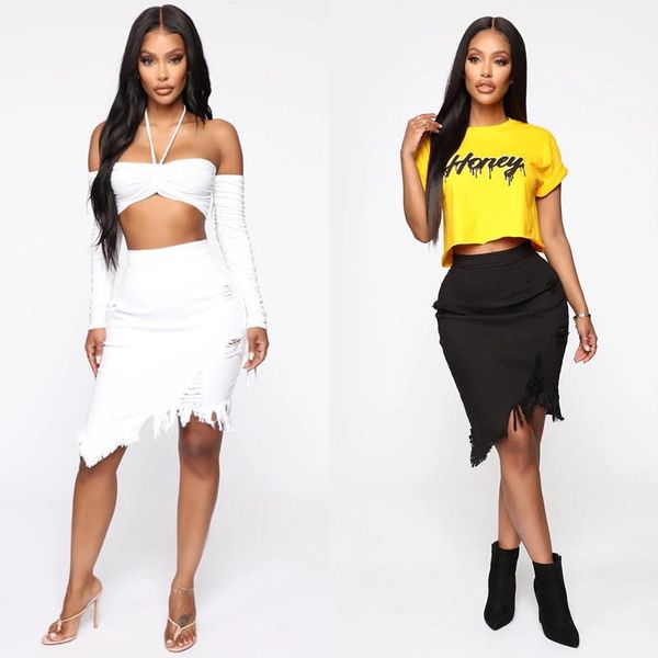 

irregular knee length skrits woman designer luxury clothes summer womens fashion denim skirts solid color hole tassel, Black