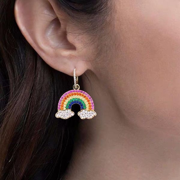 

luxe merk geel goud kleur asymmetrie regenboog oorbellen kleurrijke zirconia vrouwen 2019 koop sieraden gift, Golden;silver