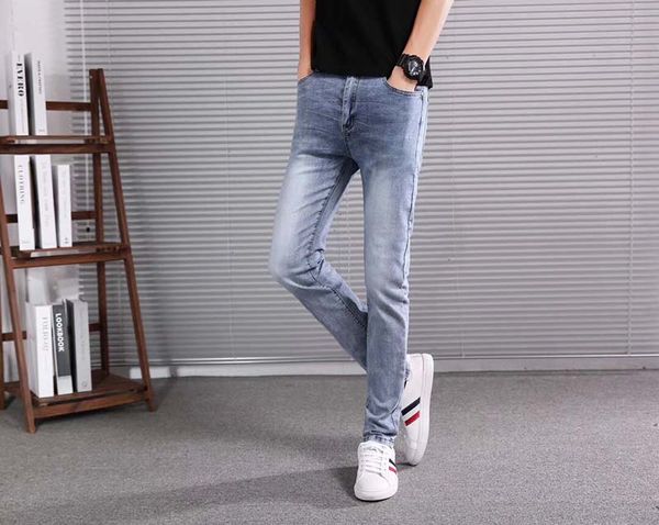 

european station high-grade wash personality tide brand light blue men's embroidered jeans men's pants slim european goods feet pa