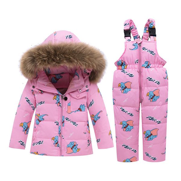

children girl down parka clothes winter kids ski suits cotton cartoon thick warm hoodies+bib pants 2pcs outfits for boys clothes, White