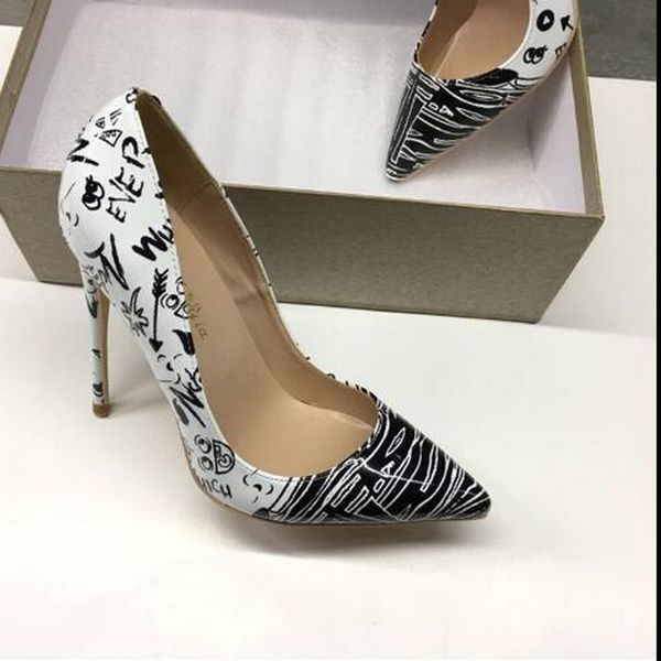 Heiße Verkaufs-Mode neue spitze hochhackige exquisite schwarz-weiße Graffiti-elegante Einzelschuhe 12 cm hohe Damen-Partykleidschuhe