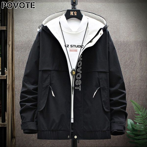 

povote brand men's color blocking hooded jacket coat hip hop jacket korean trend tooling men's trend design, Black;brown