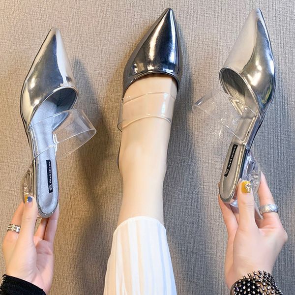 

shoes ladies' slippers pointed toe square heel low slipers women soft block flat cover summer 2020 rome hoof heels slides, Black