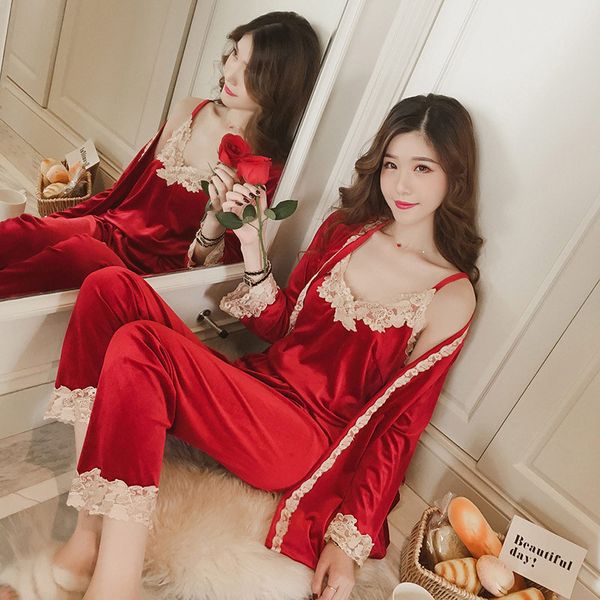 

women's velvet 3 three piece set pajamas lace patchwork pink elegant strapless pants 2018 autumn woman fashion nightie, Blue;gray