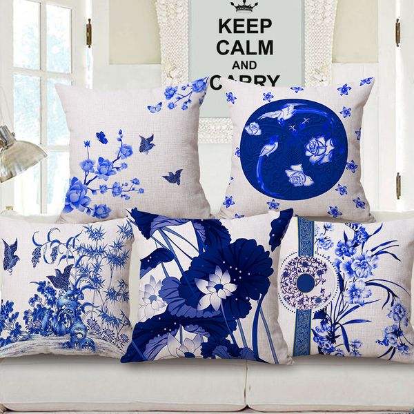 Blue And White Porcelain Lotus Bamboo Pillow Cover Flower And