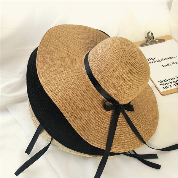 

girls summer cap black ribbon decorate wavy straw hat for girls children panama hat kids sun cap baby beach hats, Yellow