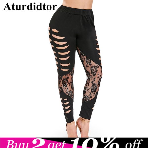 

plus size lace panel ripped leggings, Black