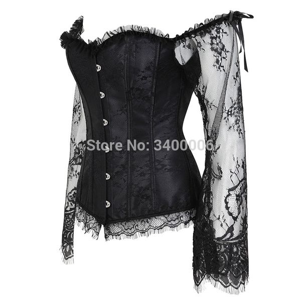 

women's overbust corset with sleeves vintage victorian retro burlesque lace corset and bustiers vest fashion white black, Black;white