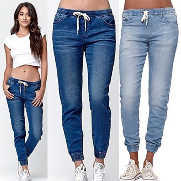 

women's autumn winter casual jeans strech elastic waist long pants plus size fashion loose long denim pants, Blue