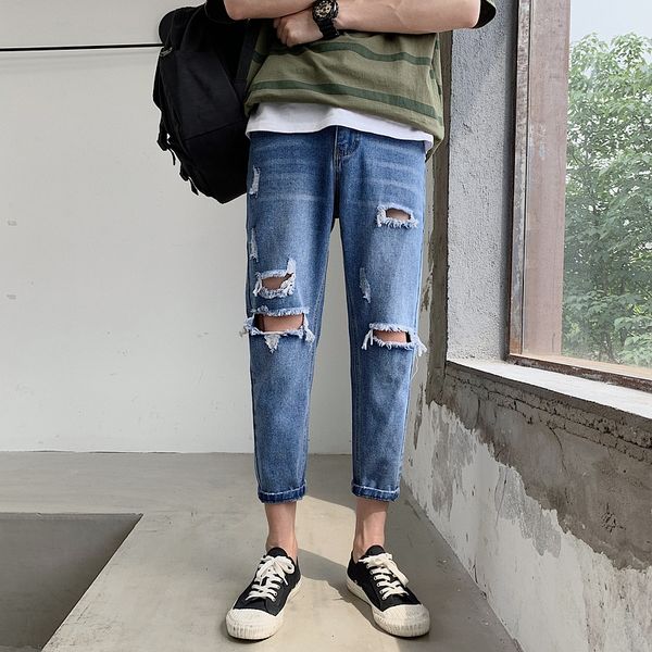 

mens jeans summer all match hole jeans men streetwear ankle length slim fit hip hop destroyed casual denim pants men blue
