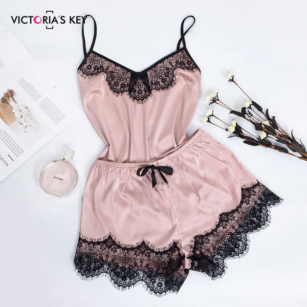 

victoria's key pink sleepwear winter pajamas for women v neck lace satin silk cami and shorts spaghetti strap pajama set, Black;red