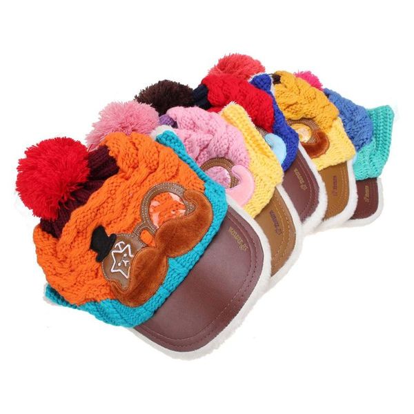 

kids girls boys baby winter warm crochet hat ear muffs earflap knitted visor cap children cartoon cute wooly outdoor hat, Yellow