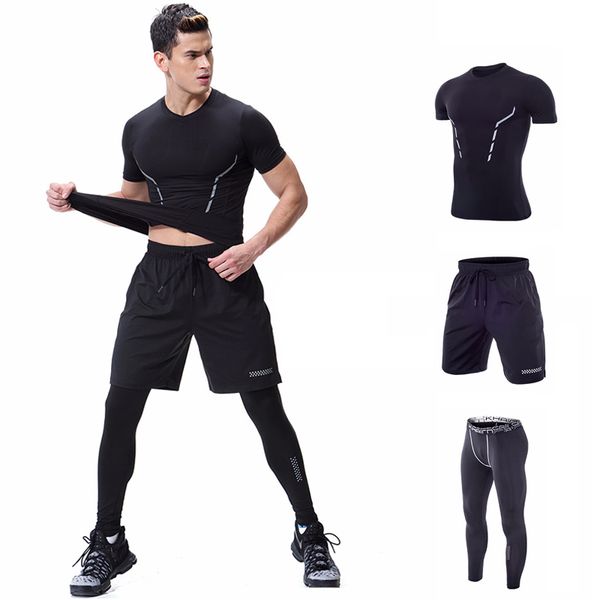 

3 piece jogging suits running compression shirt pant bodybuilding sports wear for men gym workout clothes tracksuit short sleeve, Black;blue