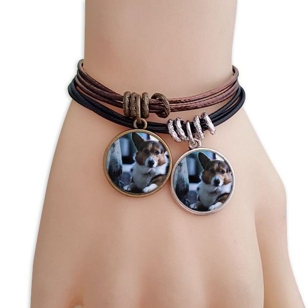 

corgi dog pet animal lonely picture bracelet double leather rope wristband couple set, Golden;silver