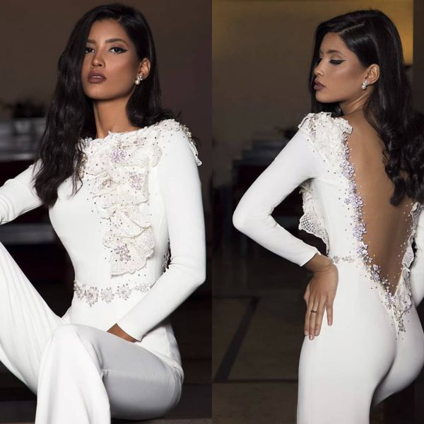 

jumpsuits beach wedding dresses jewel neck backless appliques beads satin wedding dresses sweep train boho bridal gowns, White