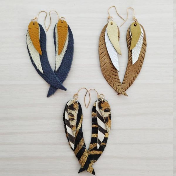 

genuine leather earrings three layers leaf drop earrings zebra pattern in gold leopard print winter fall fashion wild style drop shipping, Silver