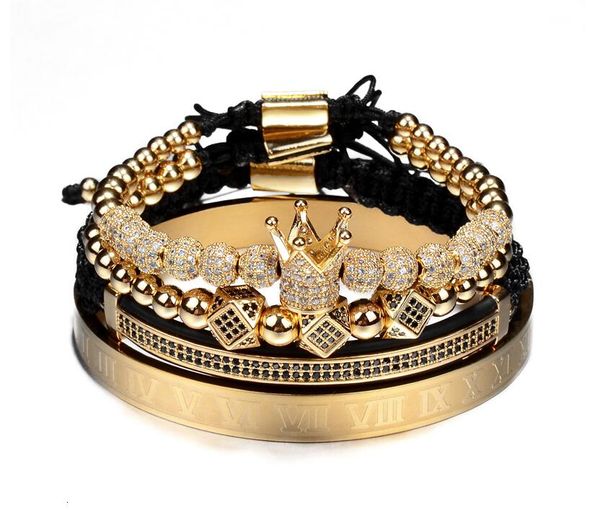 Venda imperdível pulseira trançada clássica feita à mão ouro hip hop masculino pave cz zircão coroa numeral romano pulseira joias