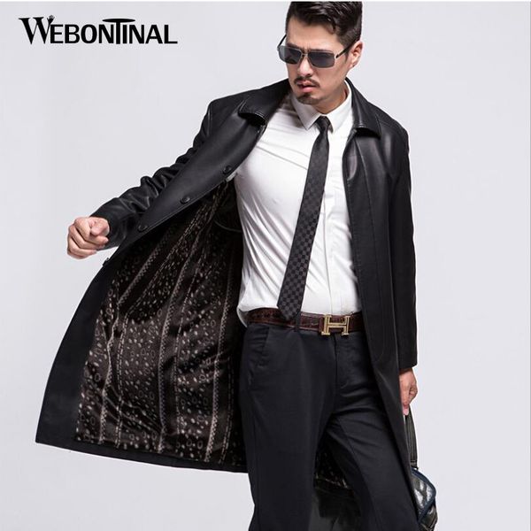 

winter pu male faux leather jacket men trench coat casual warm velvet mens jackets x-long outwear ew106, Black