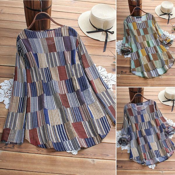 

2019 new style stripe women loose retro o neck long sleeve cotton casual loose baggy tunic blouse plus size, White
