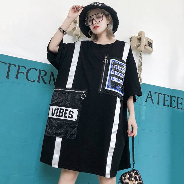 

fashion patchwork print pocket t shrits for women 2019 new streetwear ribbon design long summer large size women tee shirt, White
