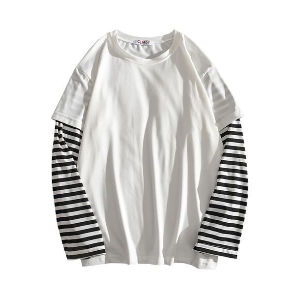 

men's t-shirts hip hop long sleeve men o-neck striped patchwork t shirt fashion casual comfortable shirts spring autumn, White;black