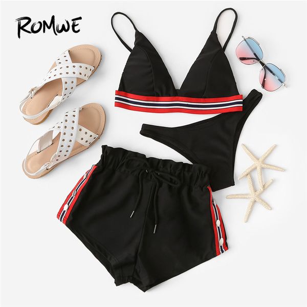 

romwe sport striped bikini set high cut swimsuit whith shorts black 3 piece swimsuit women 2019 tankini sport triangle swimwear