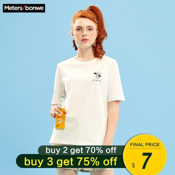 

metersbonwe t-shirt for women casual loose t-shirt women embroidery letter printing casual 726682, White