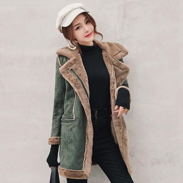 

2019 women winter lamb wool mid-long jacket deerskin velvet cotton thicker coat pocket turn-down collar zipper jacket, Black