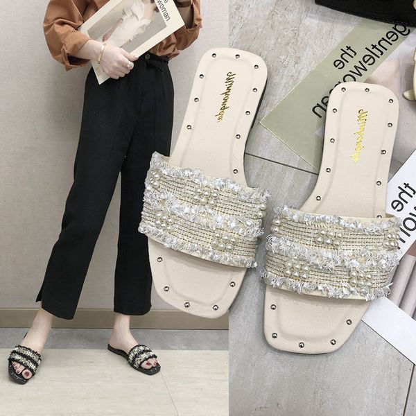

flat shoes female slippers casual string bead slides slipers women luxury summer soft 2020 basic scandals pu rubber shoes woman, Black