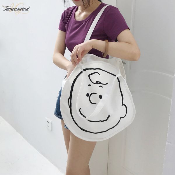 

2020 new fashion women shoulder bags canvas cotton cartoon printing casual characters bucket simple student wild shopping bags