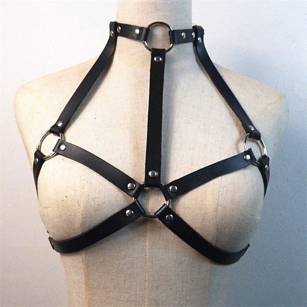 

cupless bra crop leather choker harness bra garter women lingerie chest caged bondage belts metal o rings harness, Black;white