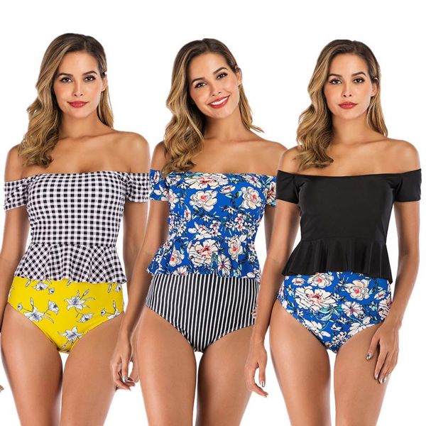 

two piece swimsuit women's tankini mujer 2019 plaid bathing suits swimming suit for female tummy control swimwear plus size xxl, White;black