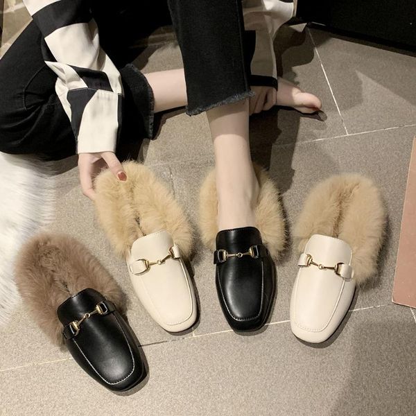 

women flat sandals fashion shoes fur, Black