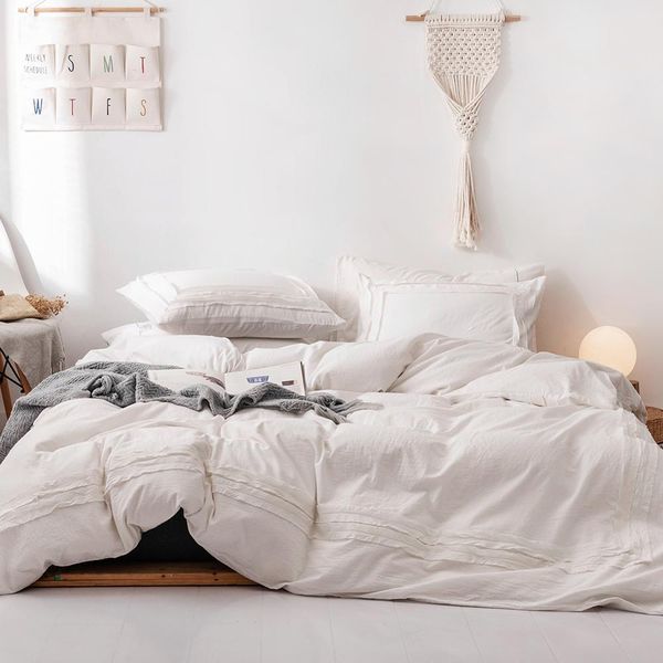 

washed cotton solid grid bedding set 3pcs/2pcs duvet cover set pillowcase pillow sham twin king  no sheet no fillers