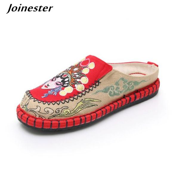 

ethnic women slippers embroider flat slides ladies cotton fabric espadrilles summer casual mules woman sandals outdoor slipper, Black