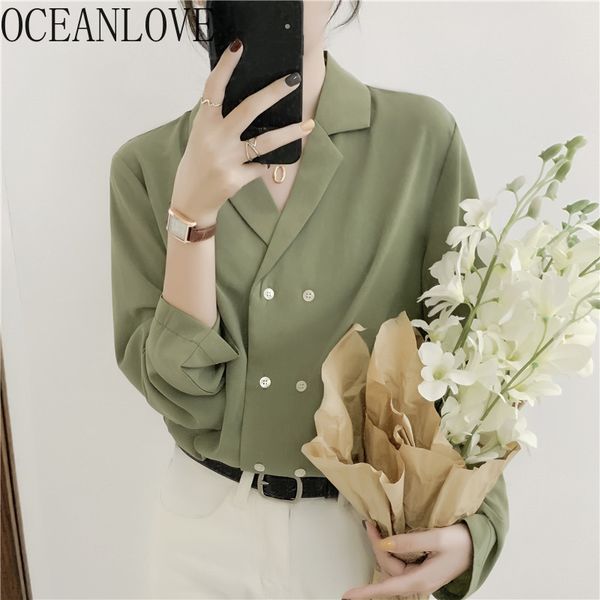 

oceanlove solid notched collar women shirts spring chiffon korean 2020 blouses spring simple fashion ropa mujer ins 14823, White