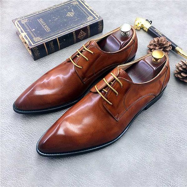 

lace up man wedding fashion oxfords shoes autumn dress party tuxedo leather black brown pointed toe spring man derby oxfords