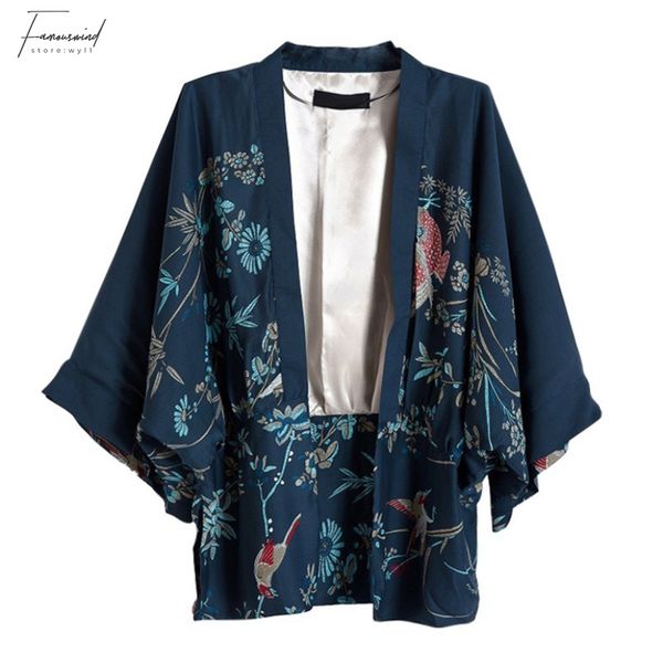 

woman blouse woman harajuku new cardigan summer women japanese kimono phoenix printed bat sleeve loose cardigan sun blouse w1, White