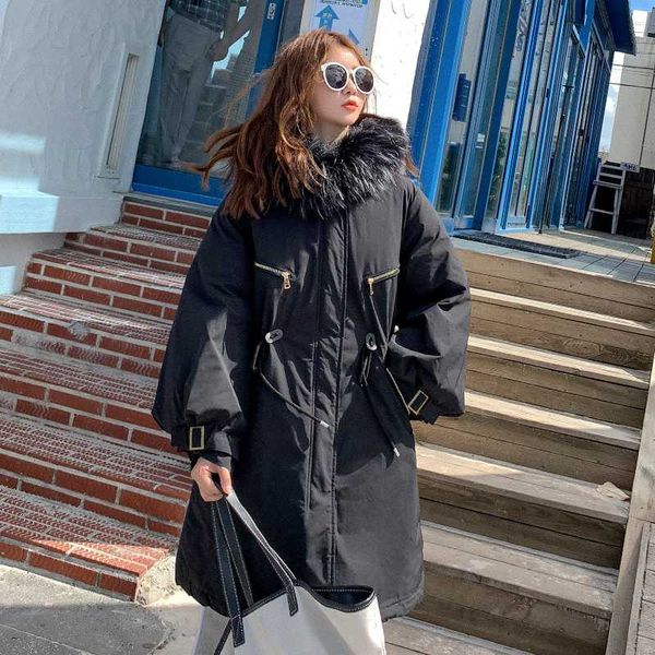 

winter jacket coat winter women's down jacket fur collar hooded parka cotton thick warm outwear coats, Black