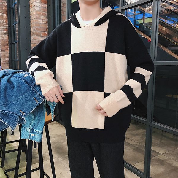 

2018 winter new male korean version of the thickening hooded sweater jacket color matching sweater pullover black / red -xl, White;black